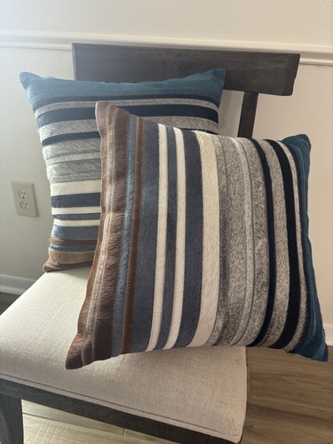 2 Blue multi color Leather Hide Throw Pillow Bovine Fur Cowhide striped 17x17 - Picture 2 of 10