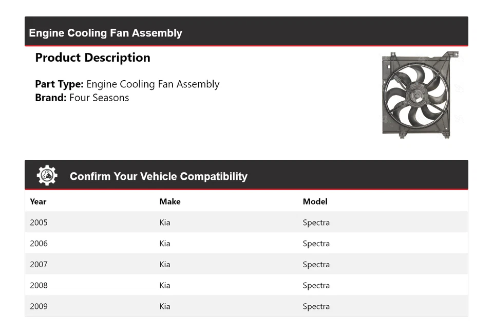 Conjunto de ventilador de refrigeración del motor Kia Spectra 2005-2009 4 estaciones 2006 2007 2008 Foto 2 de 4