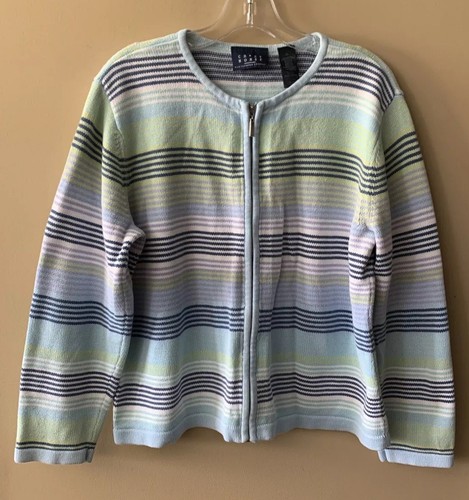 Liz Claiborne Crazy Horse Zip Up Sweater Cardigan gestreift blau grün Gr. XL B8 - Bild 1 von 4
