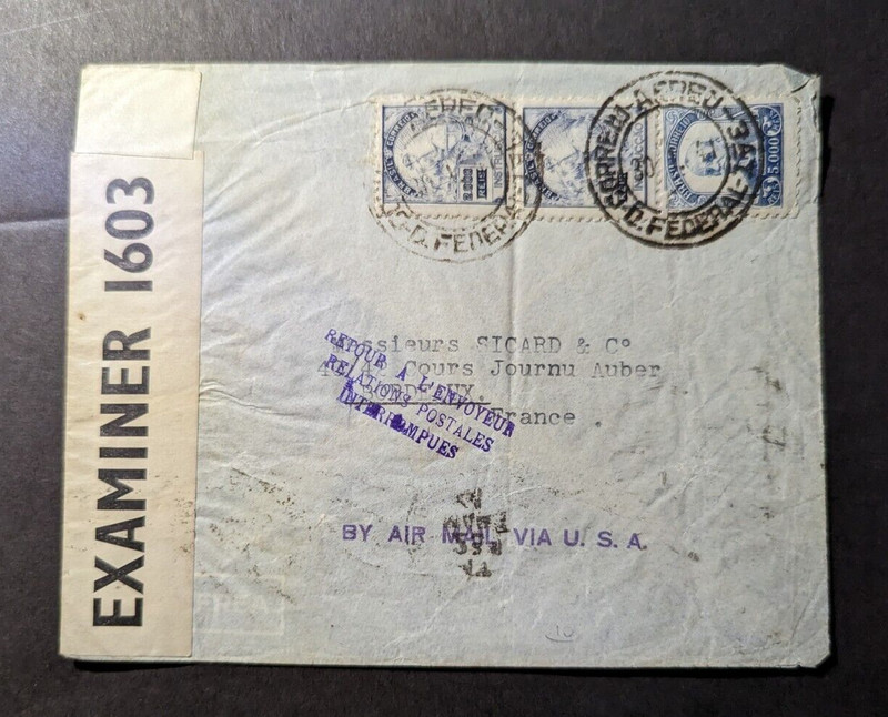 1941 Brazil Cover Rio De Janeiro to Bordeaux France Service Suspended