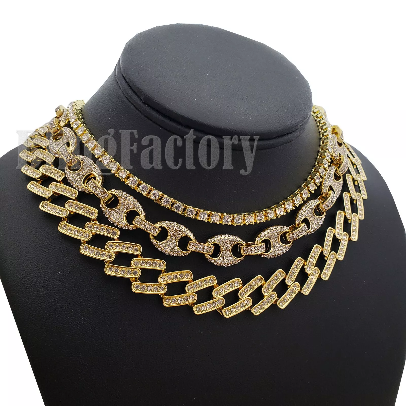 Ensemble collier chaîne choker chaîne tennis choker hip hop or glacé PT 18