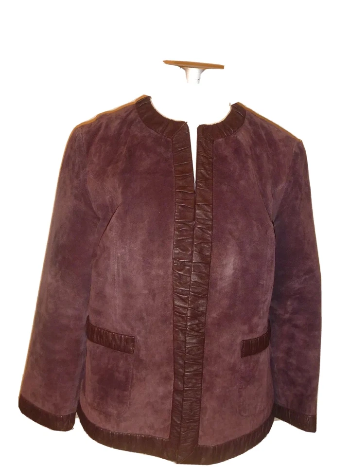 Vintage 90s Women M Suede Real Leather Trim OverCoat Jacket 10 8 Marshall Field - Image 3 of 4