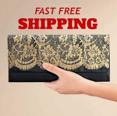 Ladies Black Clutch Bag with Glittery Gold Lace Print Satiny Gold Interior 10X5''