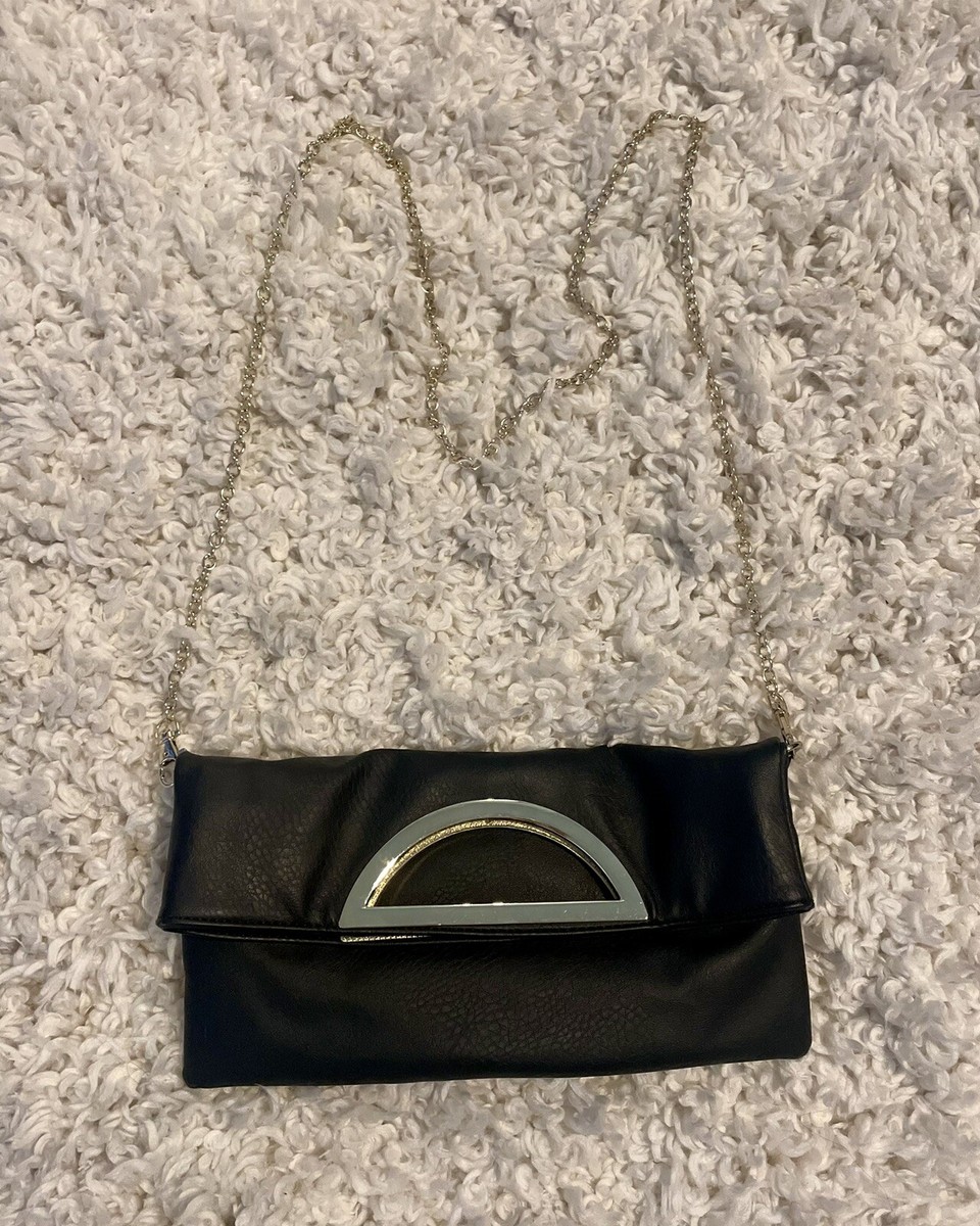 Charming Charlie Black Faux Leather Purse Gold Chain Strap Magnetic Foldover