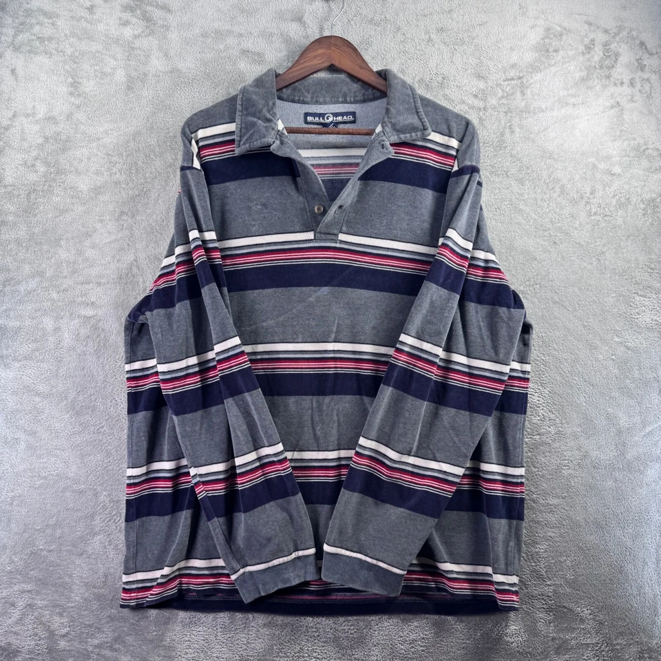 Camisa Polo Bullhead X Grande XL Manga Larga Terciopelo Textura Rayas Hecha en Turquía Foto 3 de 4
