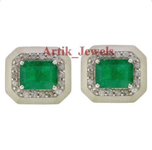 Simulated Emerald Gemstone With 14K White Gold Plated Silver Cufflink #659 - Picture 10 of 11