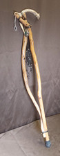 Vintage 38" Wooden Staff Walking Stick - Deer Antler Handle, silver accents