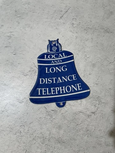 Vintage Porcelain Enamel Local Andlong Distance Telephone Advertising Sign 6”x7”