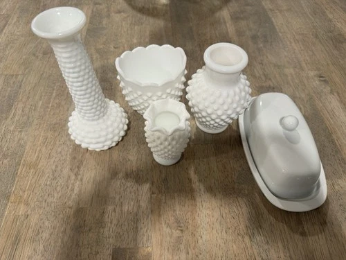 Mixed Lot of Vintage White Hobnail Milk Glass Bowl Vases  w/ Butter Dish
