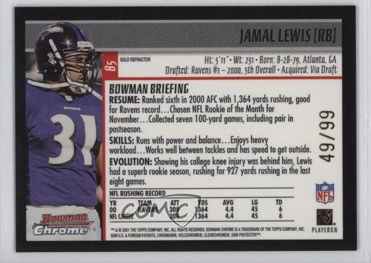 2001 Bowman Chrome Gold Refractor /99 Jamal Lewis #85 - Image 2 of 2