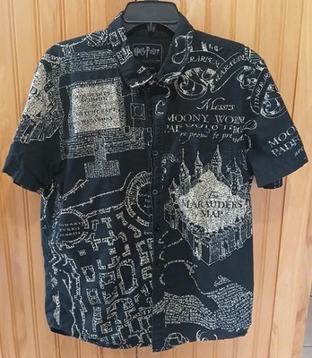 Harry Potter Marauders Map Shirt Mens L Black Hogwarts Moony Button Up Casual