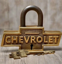 Solid Brass Chevrolet Jumbo Padlock Vintage Antique Style With 2 Decorative Keys
