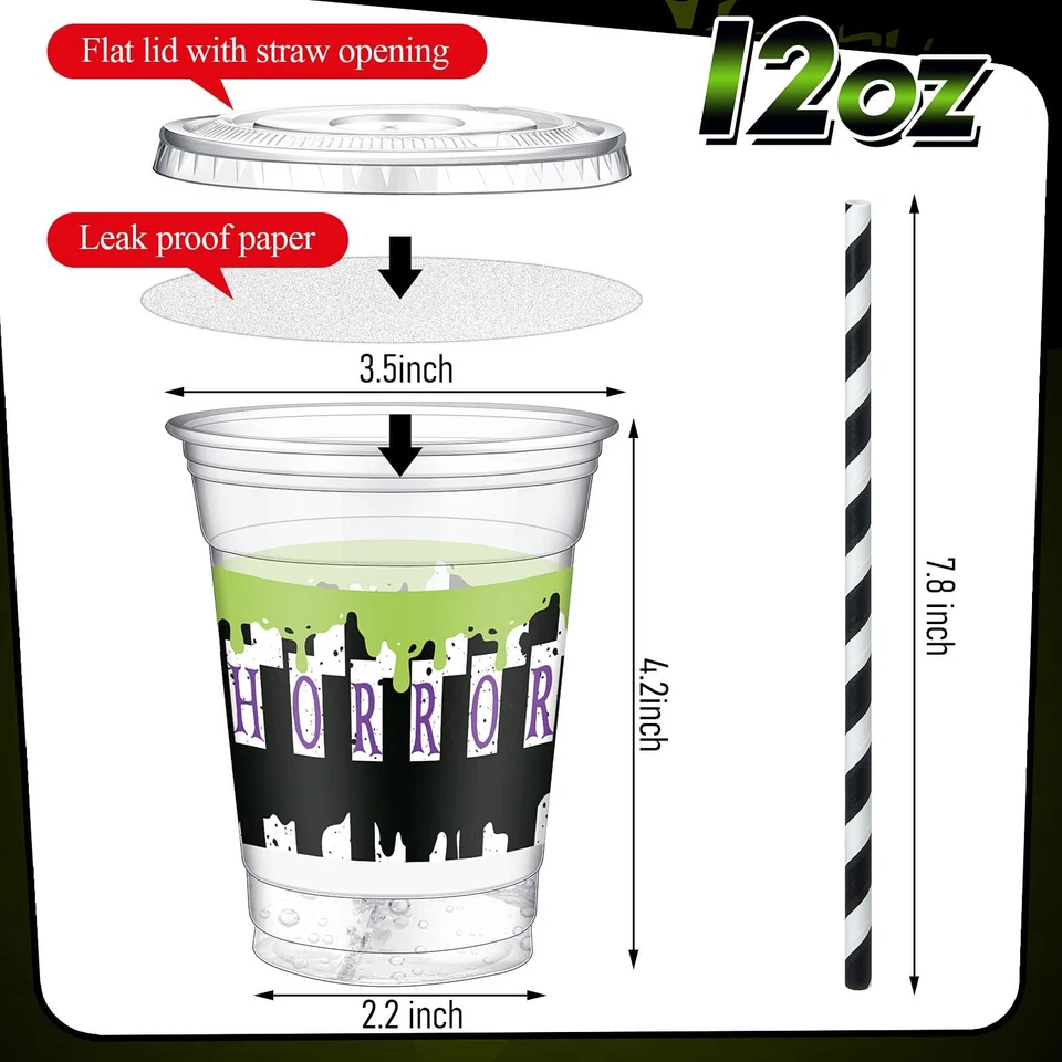50 Pcs Halloween Disposable Plastic Cups with Lids  Straws for Parties - Image 3 of 4