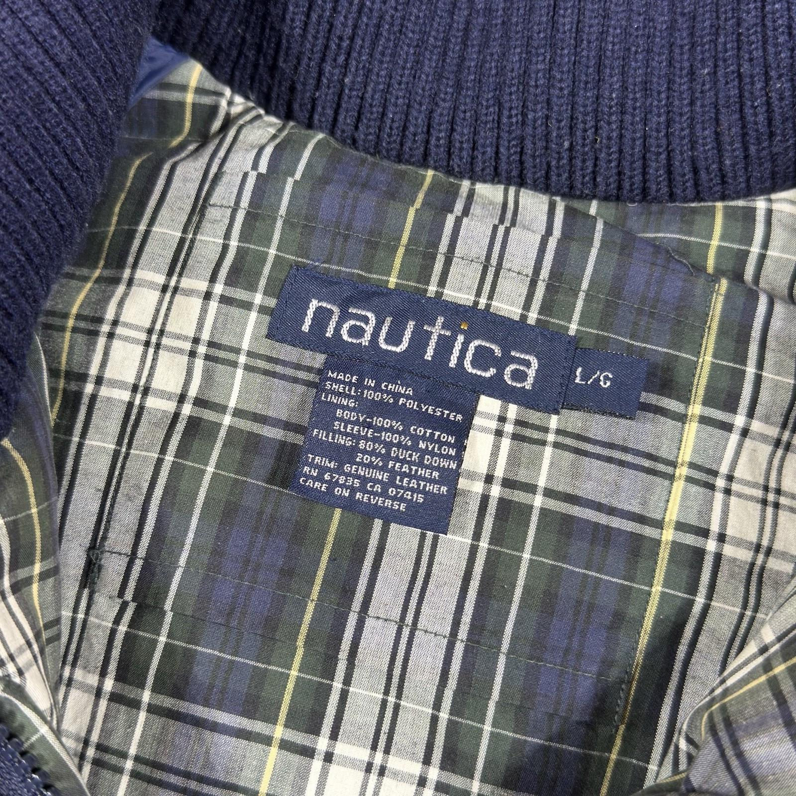 Vintage Nautica Jacket Mens Large Navy Duck Down Puffer Coat Plaid Lining Zip image 5