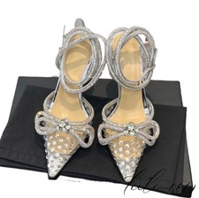 Glitter Womens Rhinestone Ankle Strappy Pumps Stilettos Pointed Toe Clear Shoes