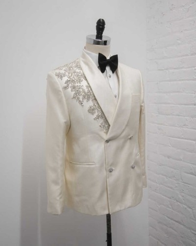 Men Double Breasted Suit Beaded Brilliant Crystals Shawl Lapel Jacket Wedding - Picture 4 of 30