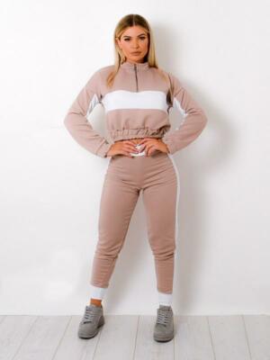 Women's 2 Pcs Lounge Wear Set Colour Block Zip Tracksuit Joggers Crop Top  Co Ord | eBay UK