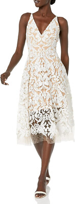 Dress the Population Women's Blair Plunging Fit and Flare Midi Dress White  Small | eBay