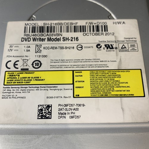 Toshiba SH-216 SATA DVD+RW Writer Drive SH-216BB/DEBHF Dell P/N: 09FD57 / 9FD57 - Picture 3 of 7