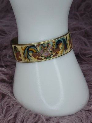Rare Fernandez signed Mayan design enamel cuff bracelet Mexican 