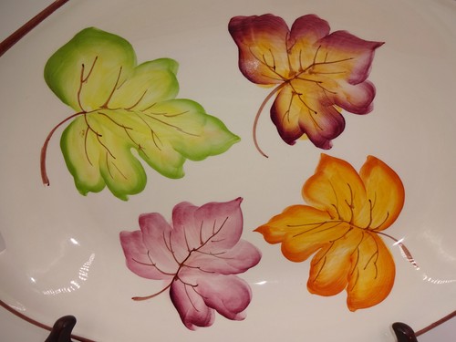 Vintage Handmade Hand Painted Pizzato Double Handled Bowl Autumn Leaves 17-1/2" - Picture 2 of 6