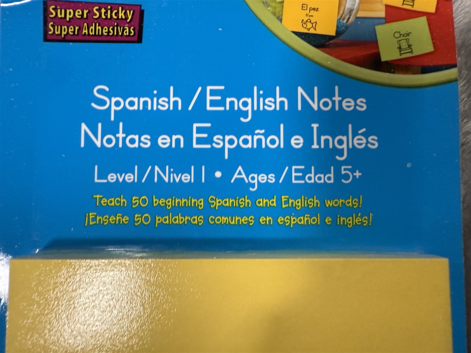 3M POST-IT SUPER STICKY SPANISH / ENGLISH NOTES LEVEL 1 - 50 BEGINNING WORDS 