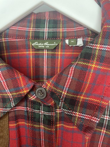 Eddie Bauer Sz XS Button Up Shirt Red Plaid Flannel Faux Leather Shoulder Patch - Picture 7 of 11