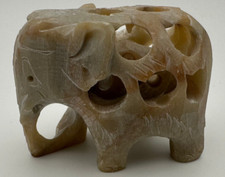 Vintage handgeschnitzte Elefantenmutter Speckstein Elefant mit Baby  4,5x3cm