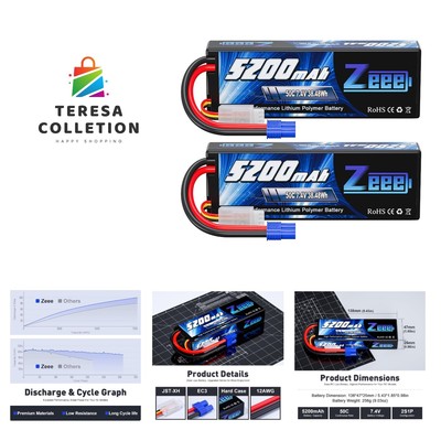 2S 5200mAh Lipo Battery 7.4V 50C Hard Case Battery with EC3 Plug Compatible w...