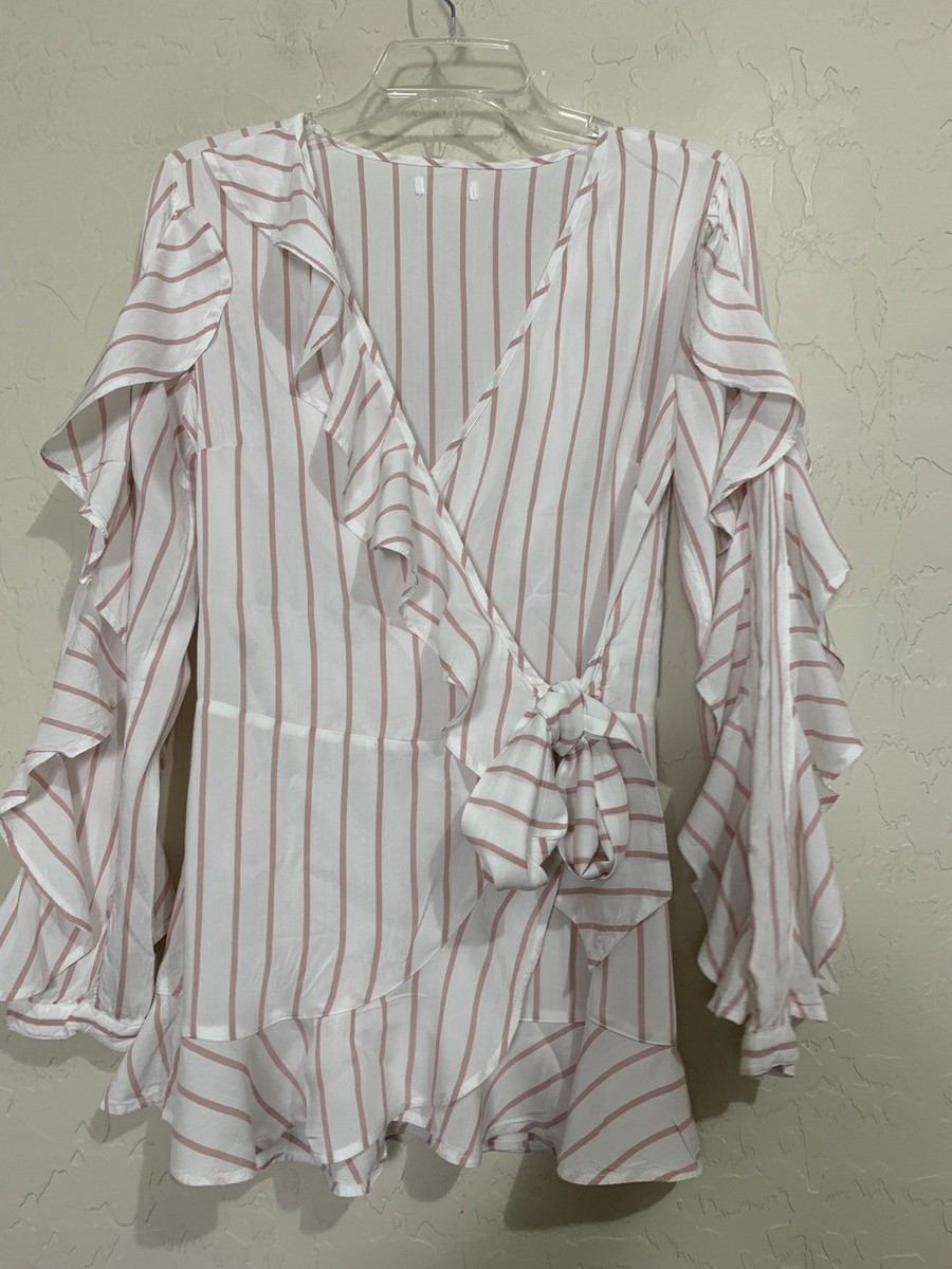 ハンドメイド Leith Wrap Ruffle Top Blouse Pink Women's XSmall Striped Surplice