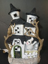 12" Spooky Haunted House Halloween Village - LED Lights Ghost Owls Black White