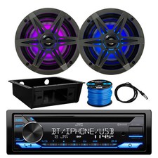 Marine Receiver, 2x 6.5" LED Speaker, Grilles, Antenna, Wire, Dash Install Kit
