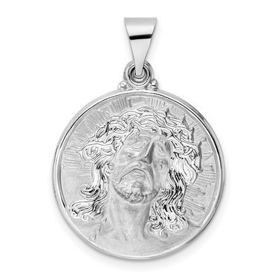 14 Karat Weißgold poliert Jesus Gesicht Anhänger Medaillon gekrönt 24 mm