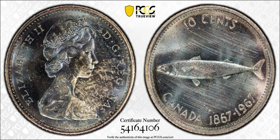 🔥Monster Toning 1967 Canada Silver 10 Cent Mackerel Canadian Dime 10C PCGS MS63 - Image 2 of 4