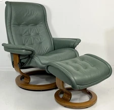 Ekornes Stressless Large ROYAL Green Paloma Leather Swivel Recliner and Ottoman