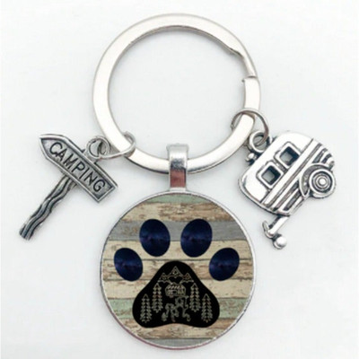 Happy Camper Camping Dog Paw Mountain Wood Keychain Keyring Cabochon Charm