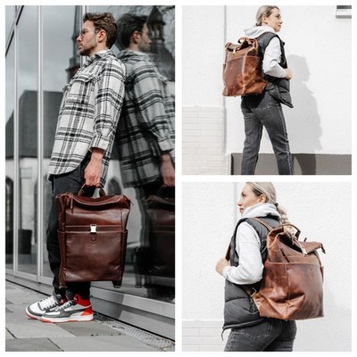 HANDMADE Rucksack Herren Leder Rolltop Lederrucksack Damen Groß 17 Zoll Laptop 
