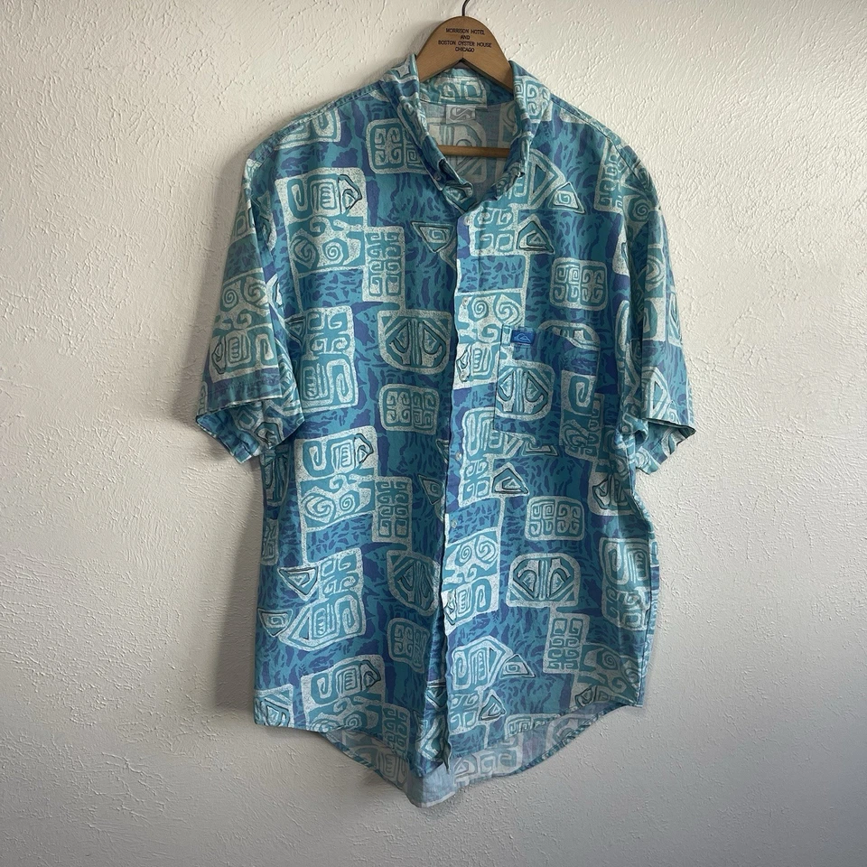 Camisa de Surf Quiksilver Vintage Rara Años 80 Tribal AOP Azul Estampado Abstracto Talla L Foto 2 de 4