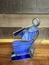 Vintage Hand Made Stained Glass Angel With Horn Free Standing Sun Catcher 7  