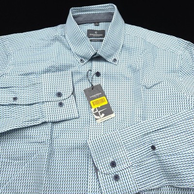 Casamoda Shirt Mens XL Comfort Fit Button Flip Cuff Geometric Blue Green White