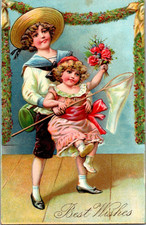 Postcard BEST WISHES Children Flowers Butterfly Net Divided Back Unposted