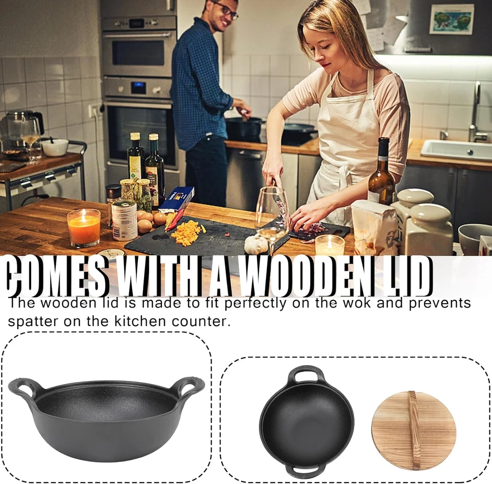 Padella Wok Con Coperchio, Wok in Ghisa Con 2 Manici Coperchio in Legno Padella - Immagine 3 di 4