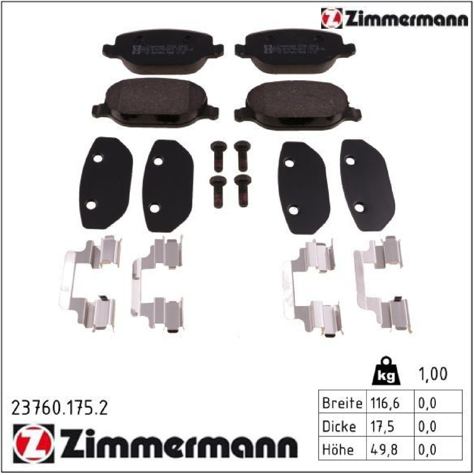 Zimmermann 23760.175.2 Bremsbelagsatz für Scheibenbremse Bremsbelagsatz