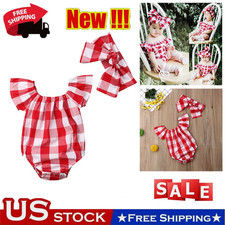Newborn Baby Girls Red white Checkered Jumpsuit Bow Hairband Romper Clothing Set