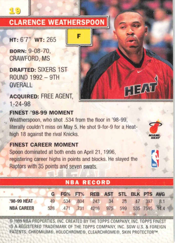 Clarence Weatherspoon 1999-00 Finest #19 Miami Heat Basketball - Image 2 of 2