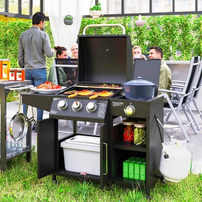 Outsunny 3 Burner Gas Grill with Side Burner and Shelves, Propane BBQ Grill