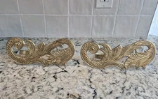Vintage Two Piece Set Pair Solid Cast Brass Leaf Swirl Curtain Tie Backs 8"