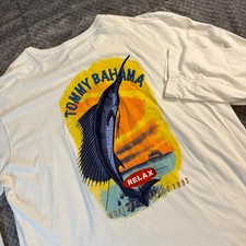 Tommy Bahama Relax Men's XL Cream Pima Cotton Marlin Sunset Graphic Long Sleeve