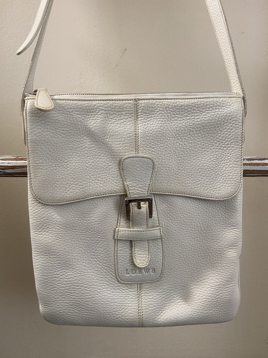 Loewe Senda White Pebbled Leather Crossbody Buckle Flap Shoulder Bag, Good  Cond