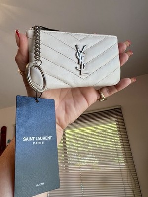 YSL SAINT LAURENT Monogram Key Pouch Matelassé Leather ICY WHITE